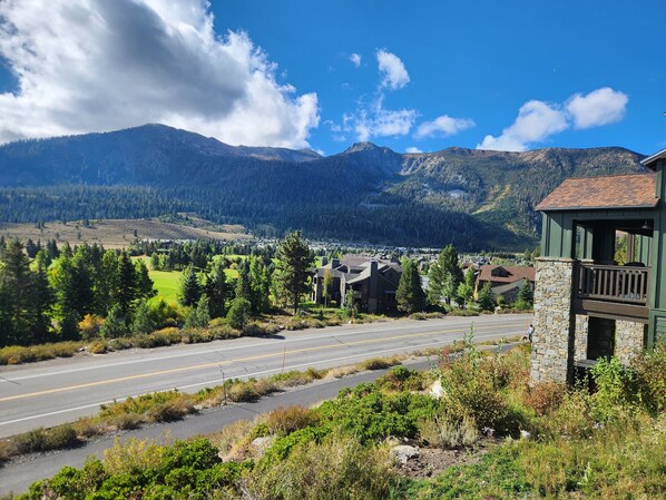 A mountain town with a prominent green building featuring a stone base and a balcony, surrounded by lush greenery and a clear road.