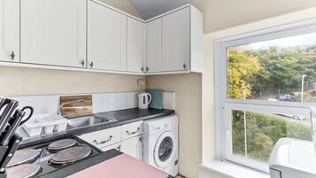City Apartment | Private kitchen | Microwave, oven, cookware/dishes/utensils, cleaning supplies