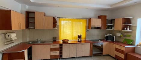 Fridge, oven, stovetop, cookware/dishes/utensils