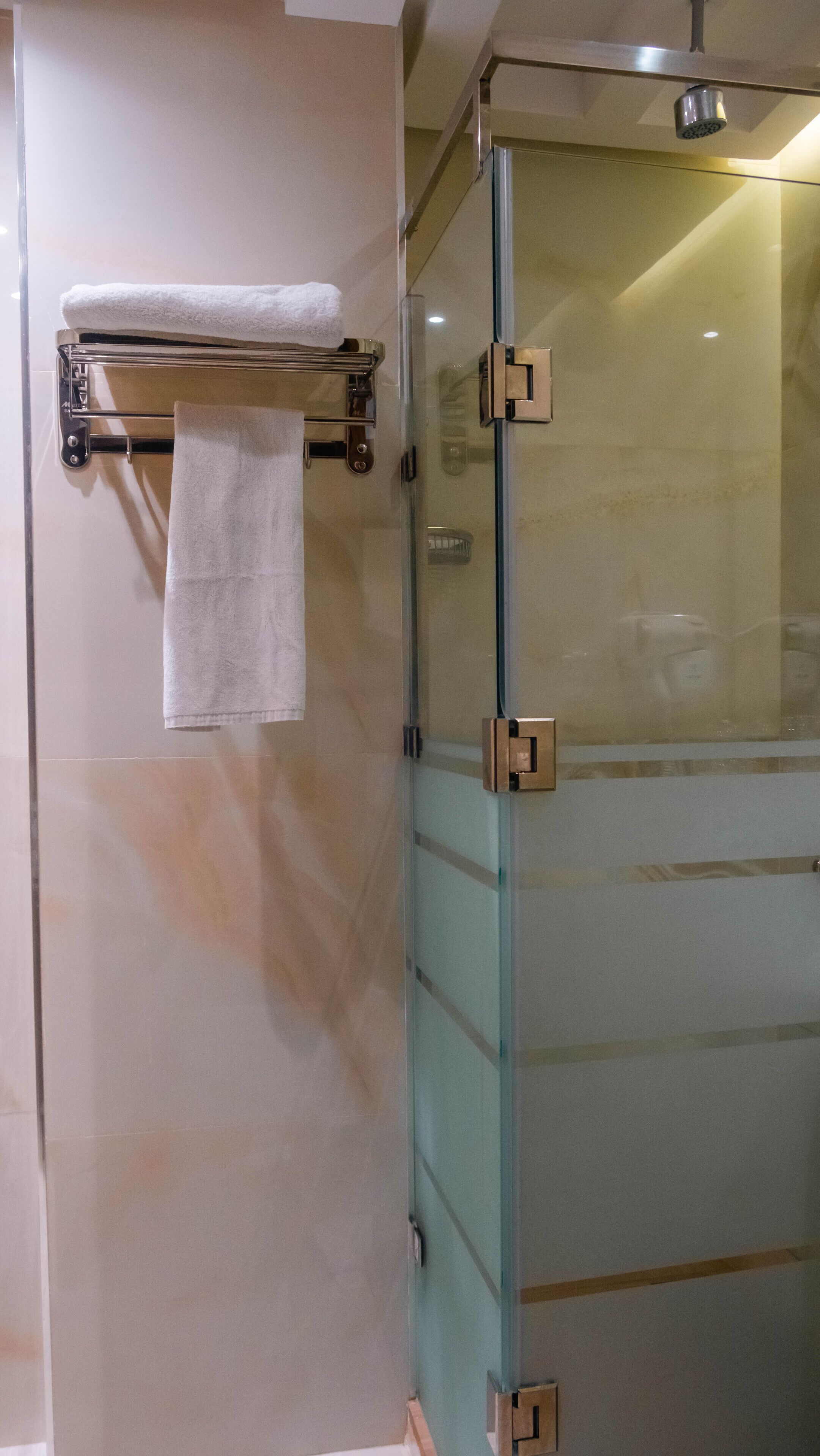 Ein Badezimmer mit Duschkabine aus Glas, einem Handtuchhalter mit weißem Handtuch und einer Glastür.