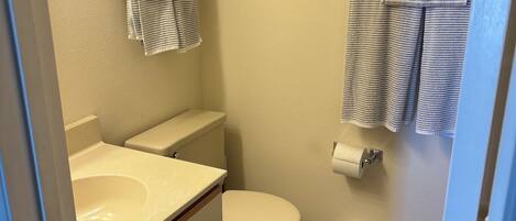 A small bathroom with a toilet, sink, and a framed picture on the wall.
