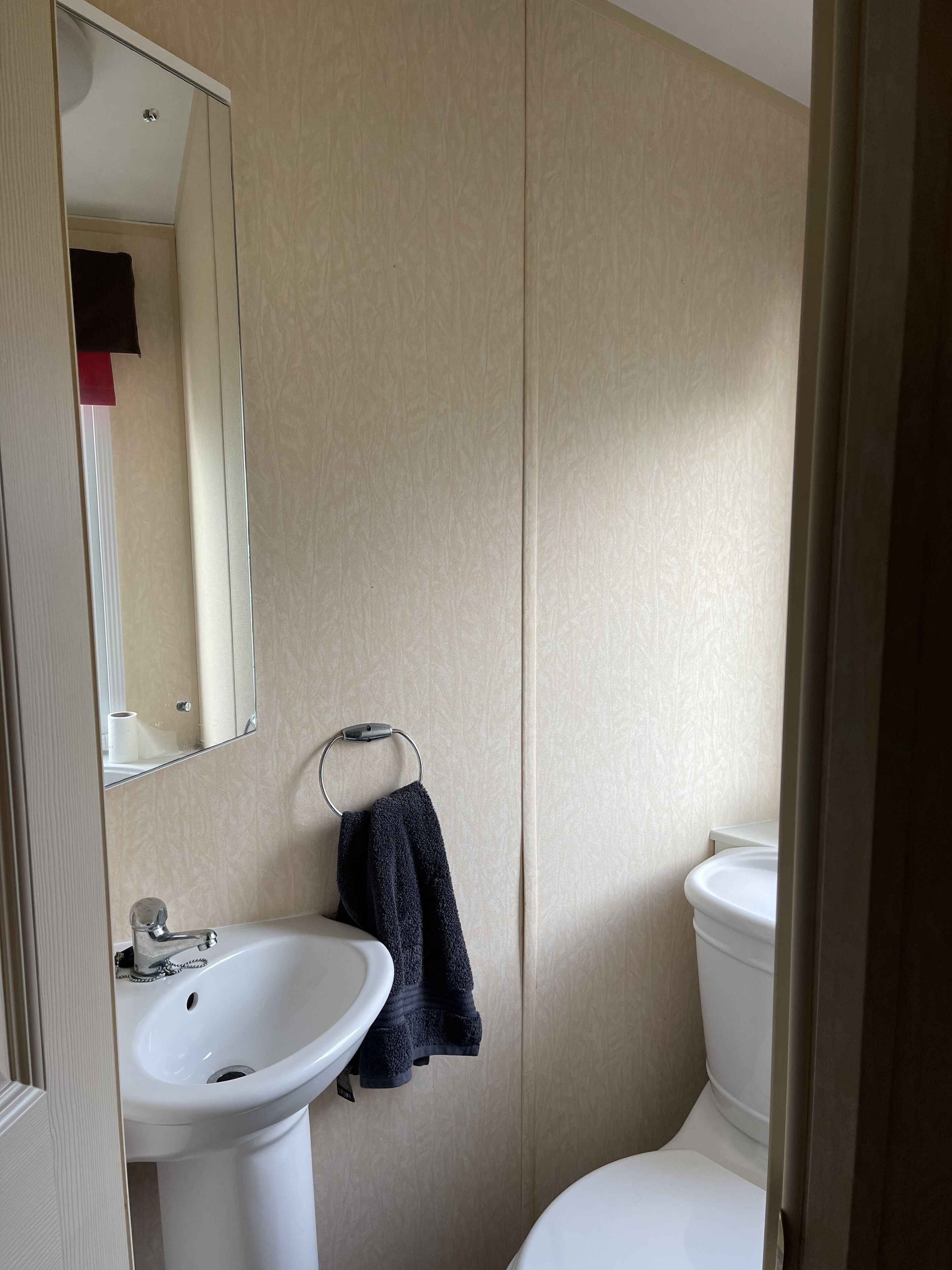 Une salle de bain avec un lavabo blanc, un miroir et des toilettes.
