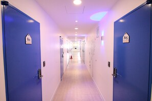 Un pasillo con puertas azules identificadas con los números 811 y 815, que dan a habitaciones.