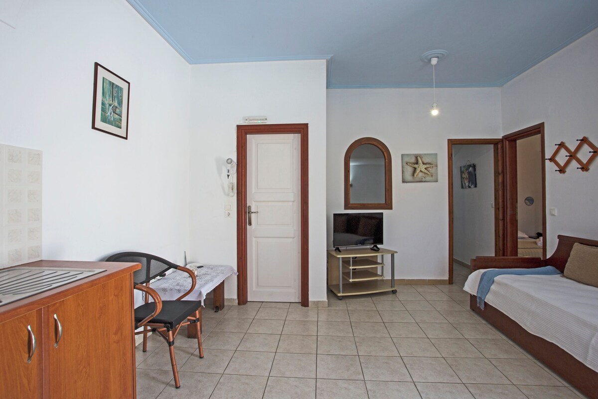 A room with a bed, a desk, a chair, a television on a stand, and a door.