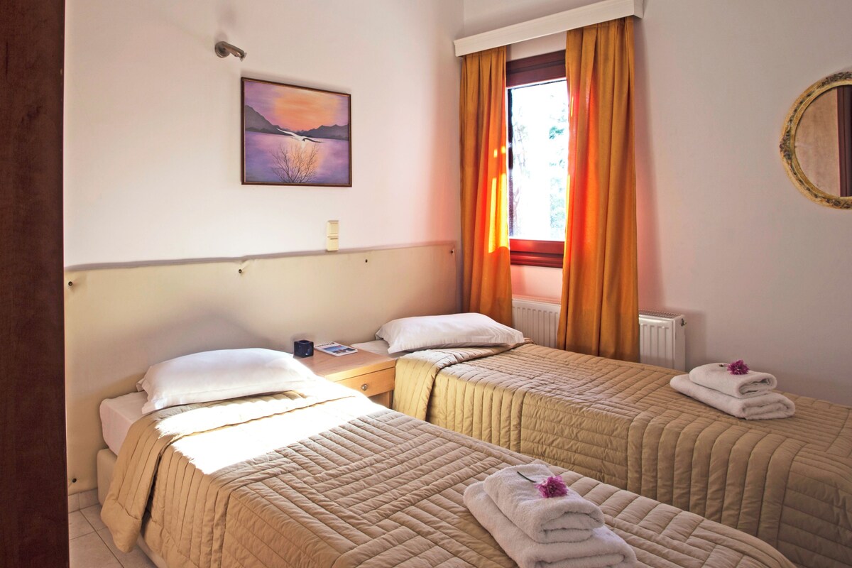 A hotel room with two beds, a painting on the wall, a window with curtains, and a radiator.