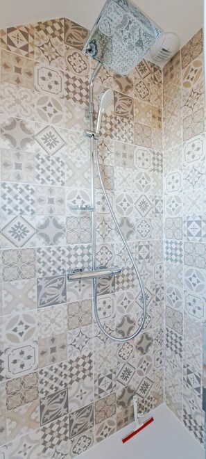 Shower, hair dryer, towels, toilet paper