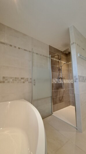 Shower, hair dryer, towels, toilet paper