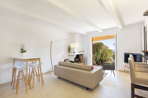 Smart TV, fireplace, books