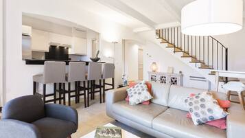 Smart TV, fireplace, books