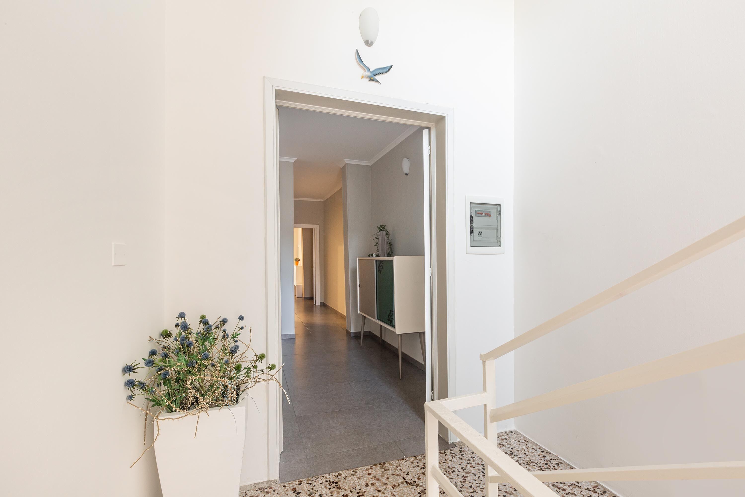 A hallway with a white door leading to a room, a small potted plant, and a light fixture on the wall.