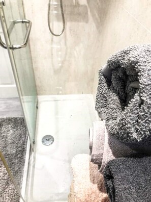 Shower, hair dryer, towels, soap
