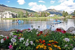 A lake with boats, surrounded by colorful flowers and buildings in the background. - Edgewater 1444 (Keystone)