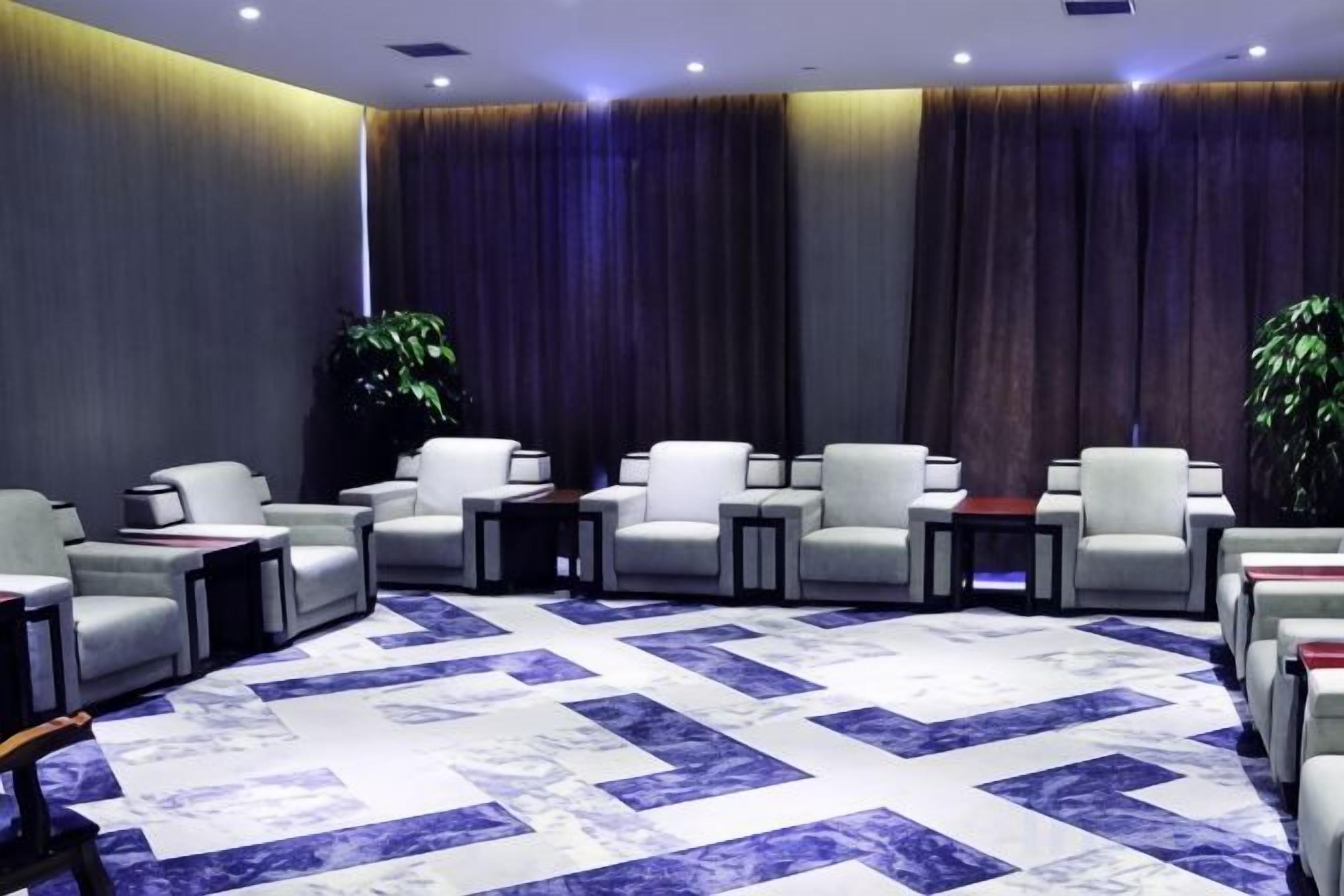 Un vestíbulo de hotel con una zona de estar, una alfombra grande y una planta.