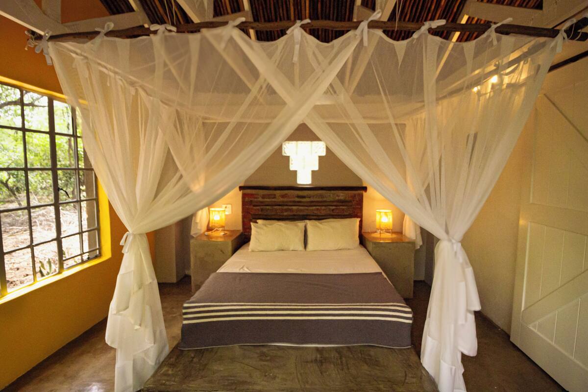 A bed with a canopy, two bedside lamps, a window with a view, and a wooden headboard.