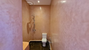 A small bathroom with a toilet, a shower, and a sink. - Luxury 3 BR Villa in Marrakesh With Private Pool, Marrakesh Villa 1000 (Ourika)