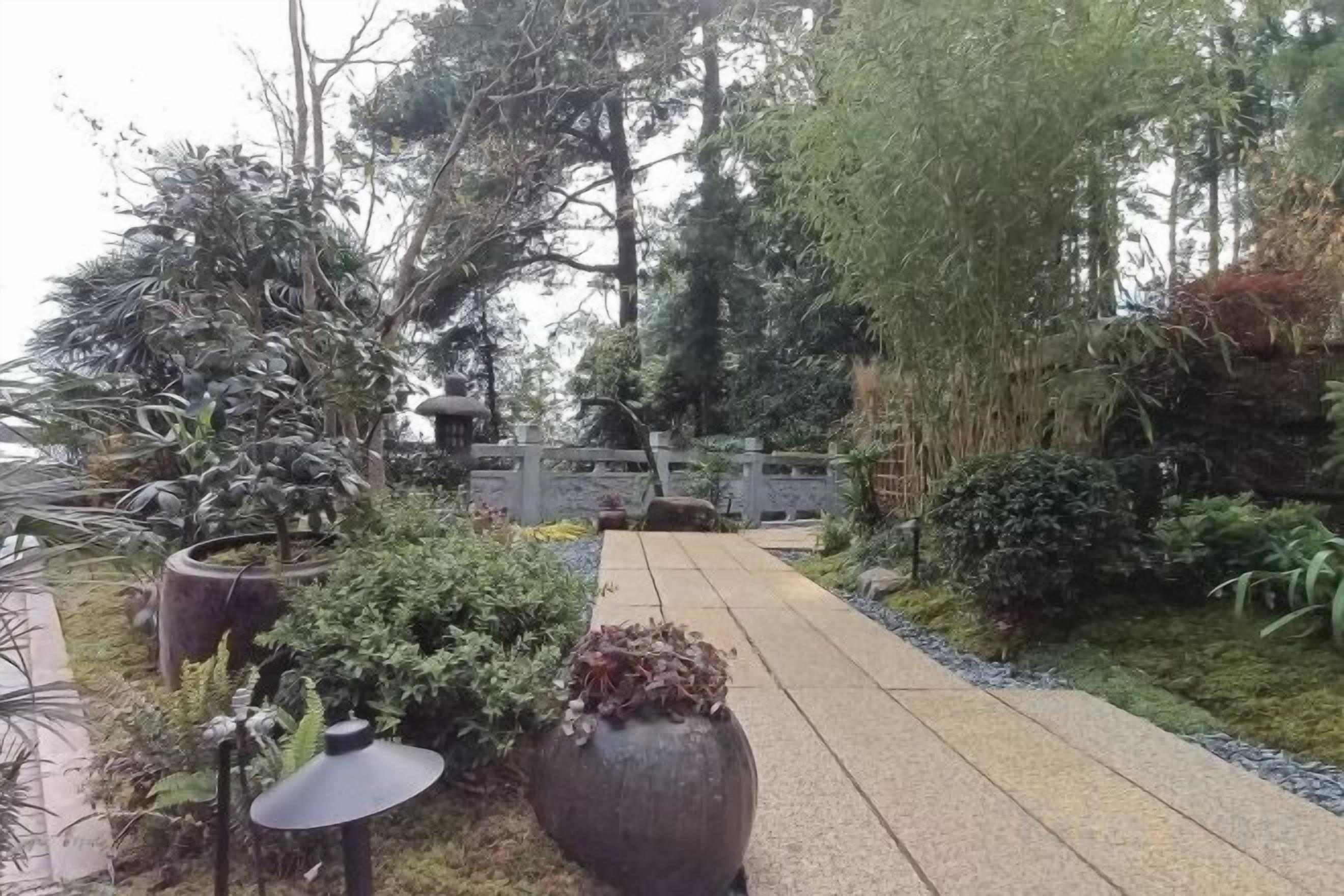 A pathway leading through a garden with various plants and trees.