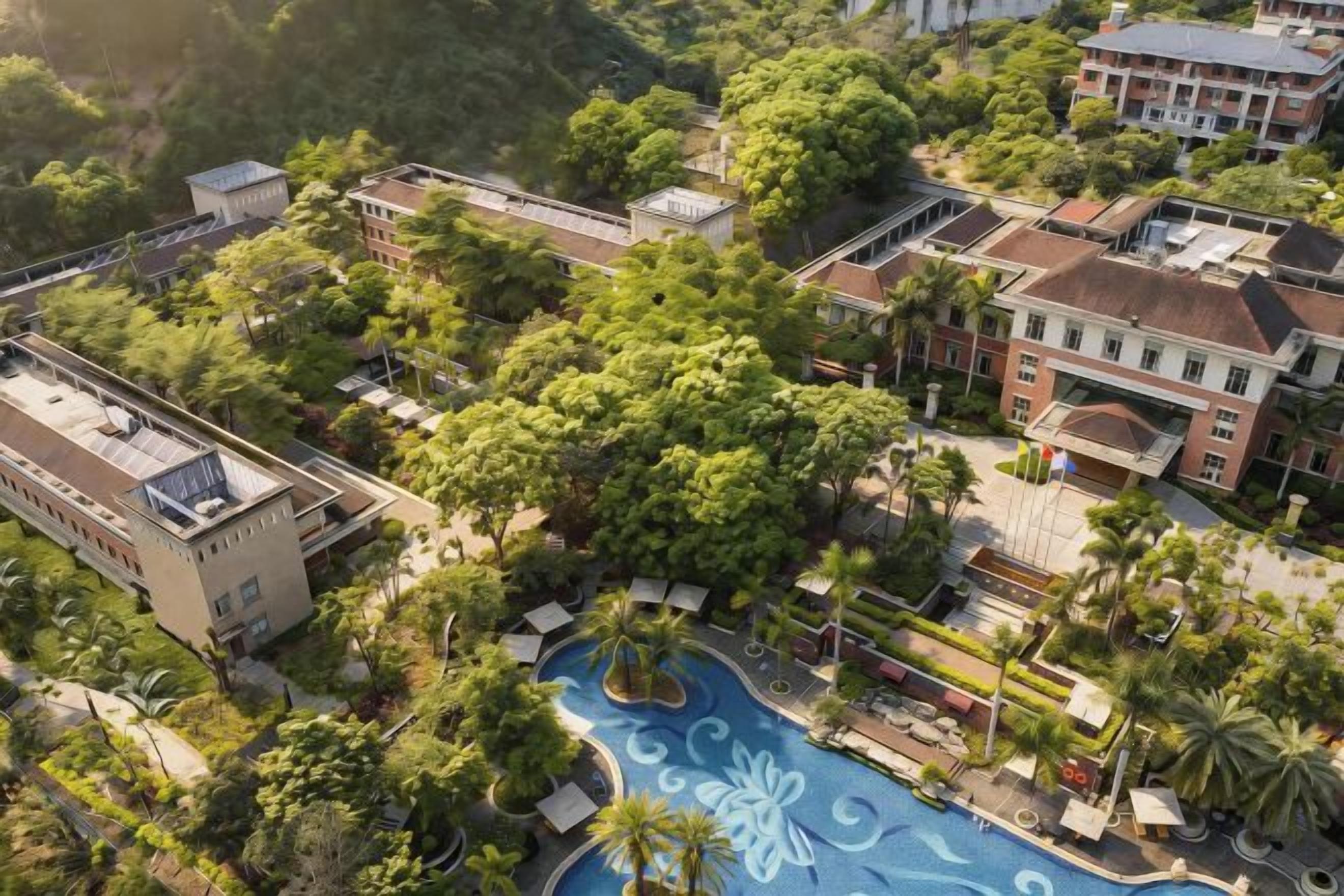 An aerial view of a hotel with a swimming pool surrounded by lush greenery and multiple buildings.