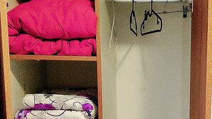 A closet with shelves containing folded clothes and a hanging rod with hangers. - Appealing Apartment 8 Sleeps 3 Guests (Split)