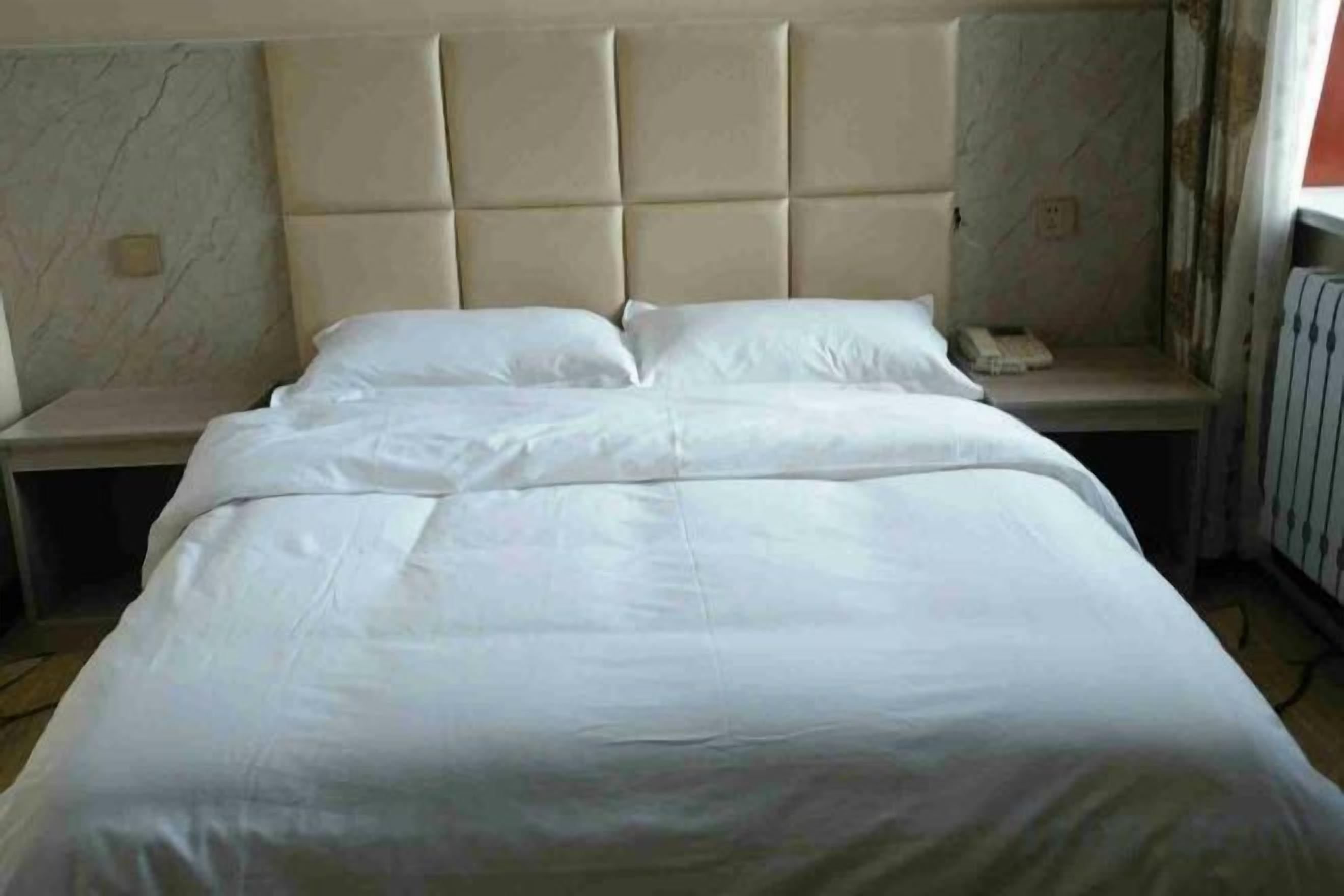 A bed with a padded headboard, a bedside table, and a nightstand.