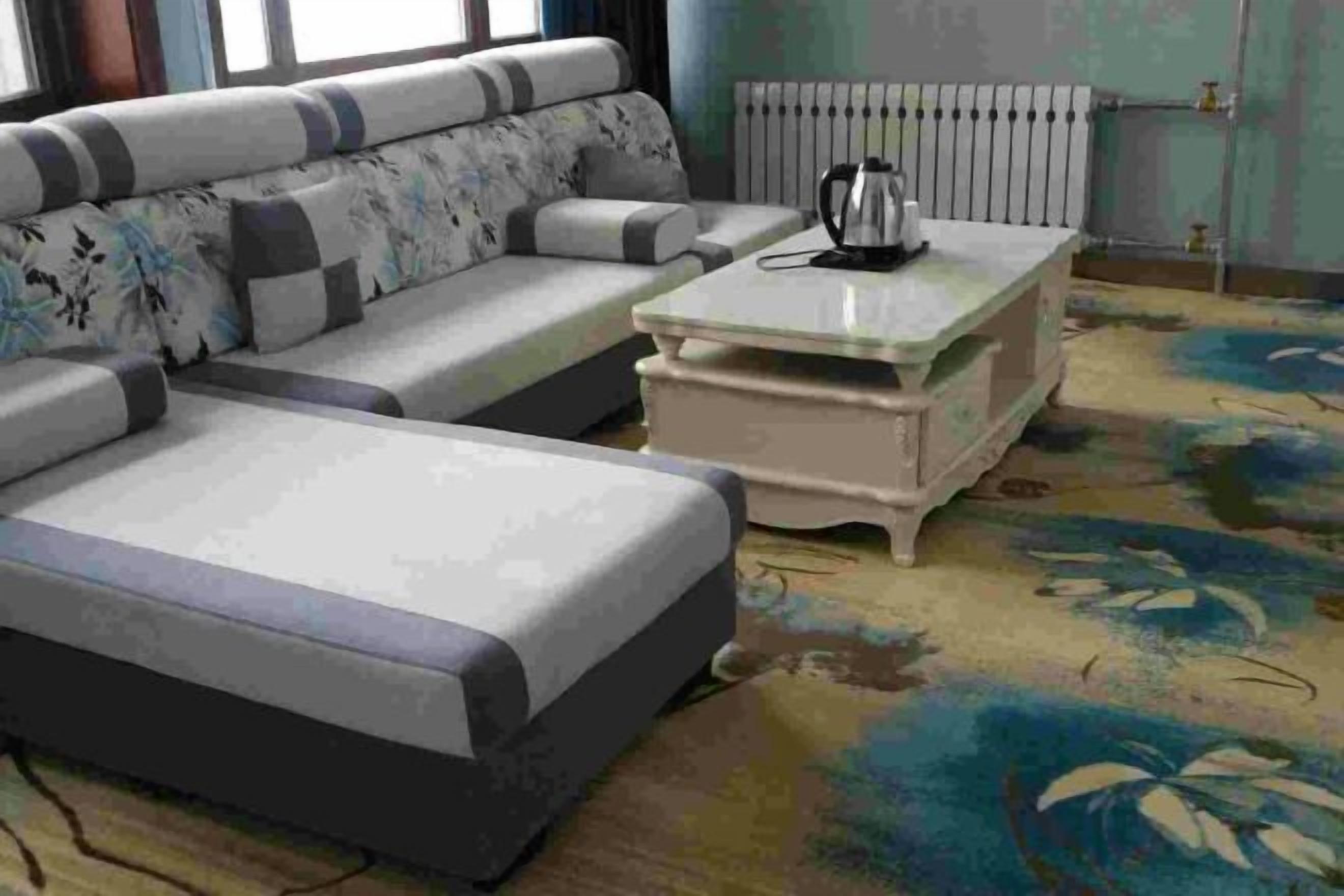 A living room with a sofa, a coffee table, and a radiator.