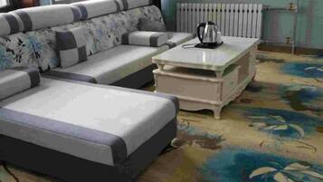 A living room with a sofa, a coffee table, and a radiator.