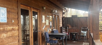 Log cabin with mountain views: Hot Tub, Game Room, Fenced Yard