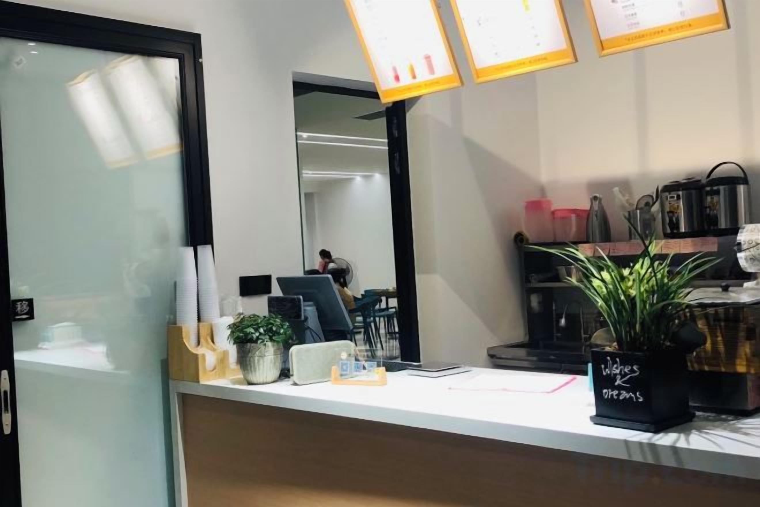 A reception area with a counter, a plant, and a mirror.