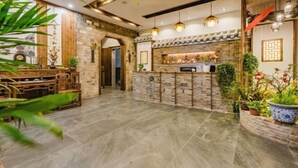 Amplia habitación con pared de piedra, zona de bar con madera y plantas en macetas.
