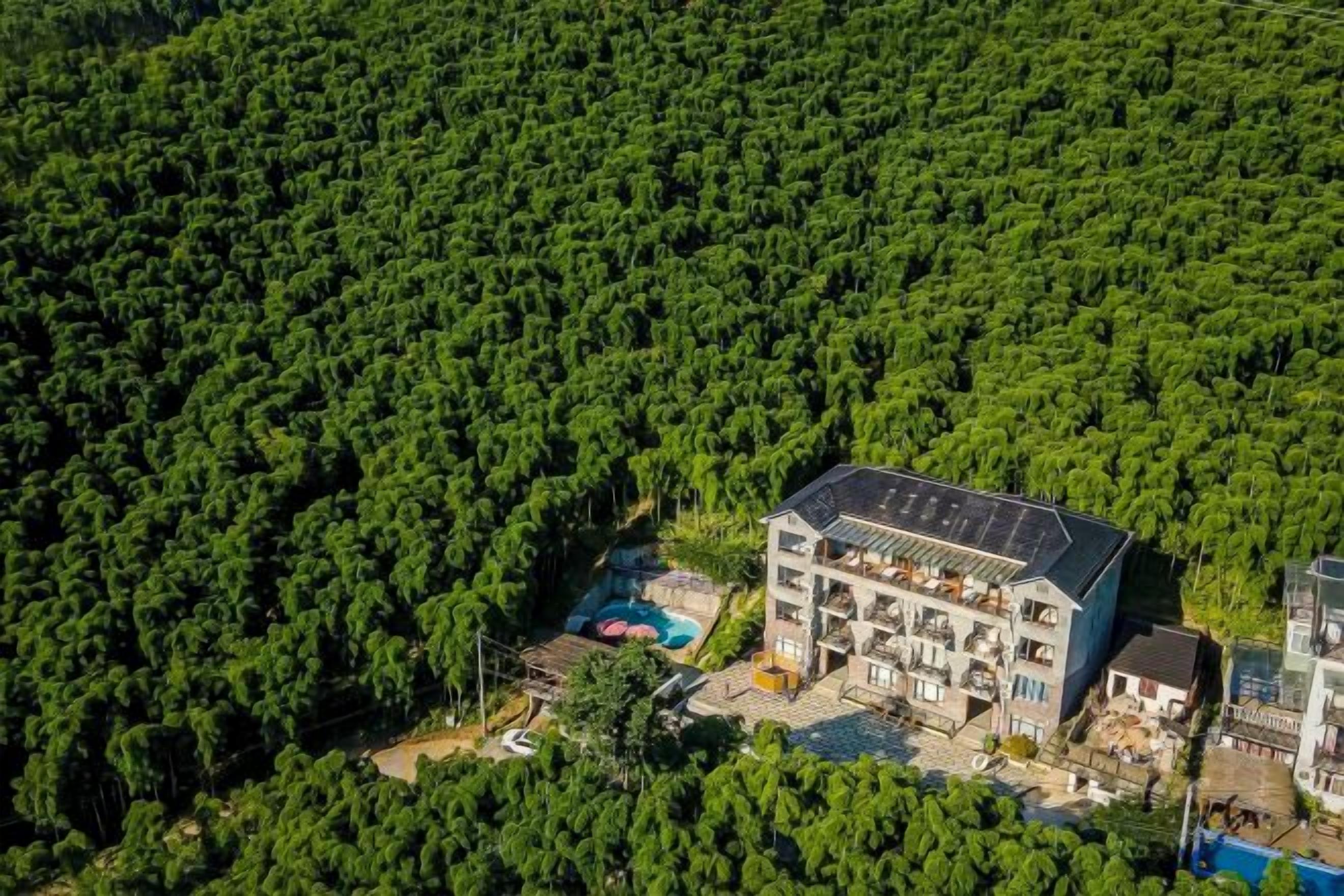 A multi-story building surrounded by dense forest, with a swimming pool and solar panels on the roof.