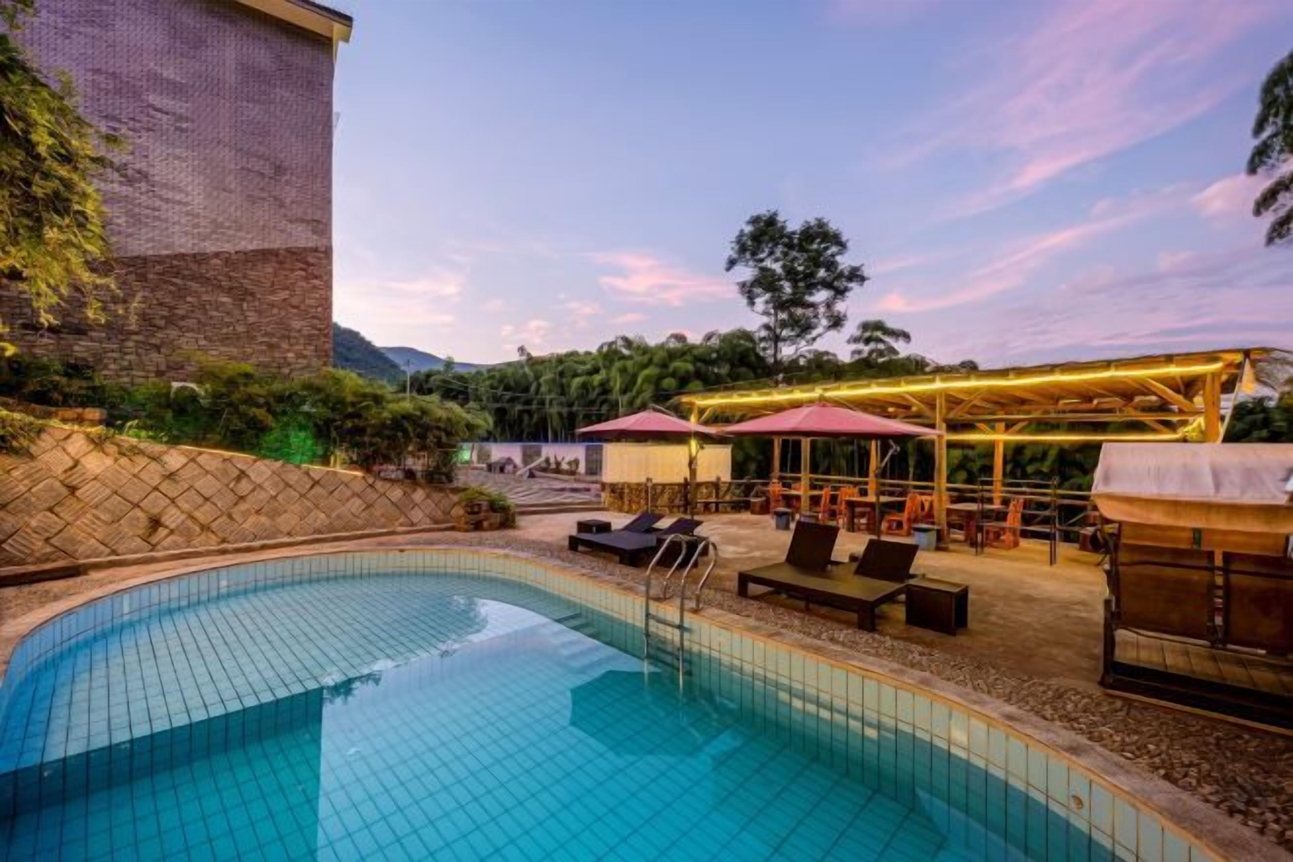 A swimming pool with lounge chairs and umbrellas, surrounded by a brick wall and vegetation.