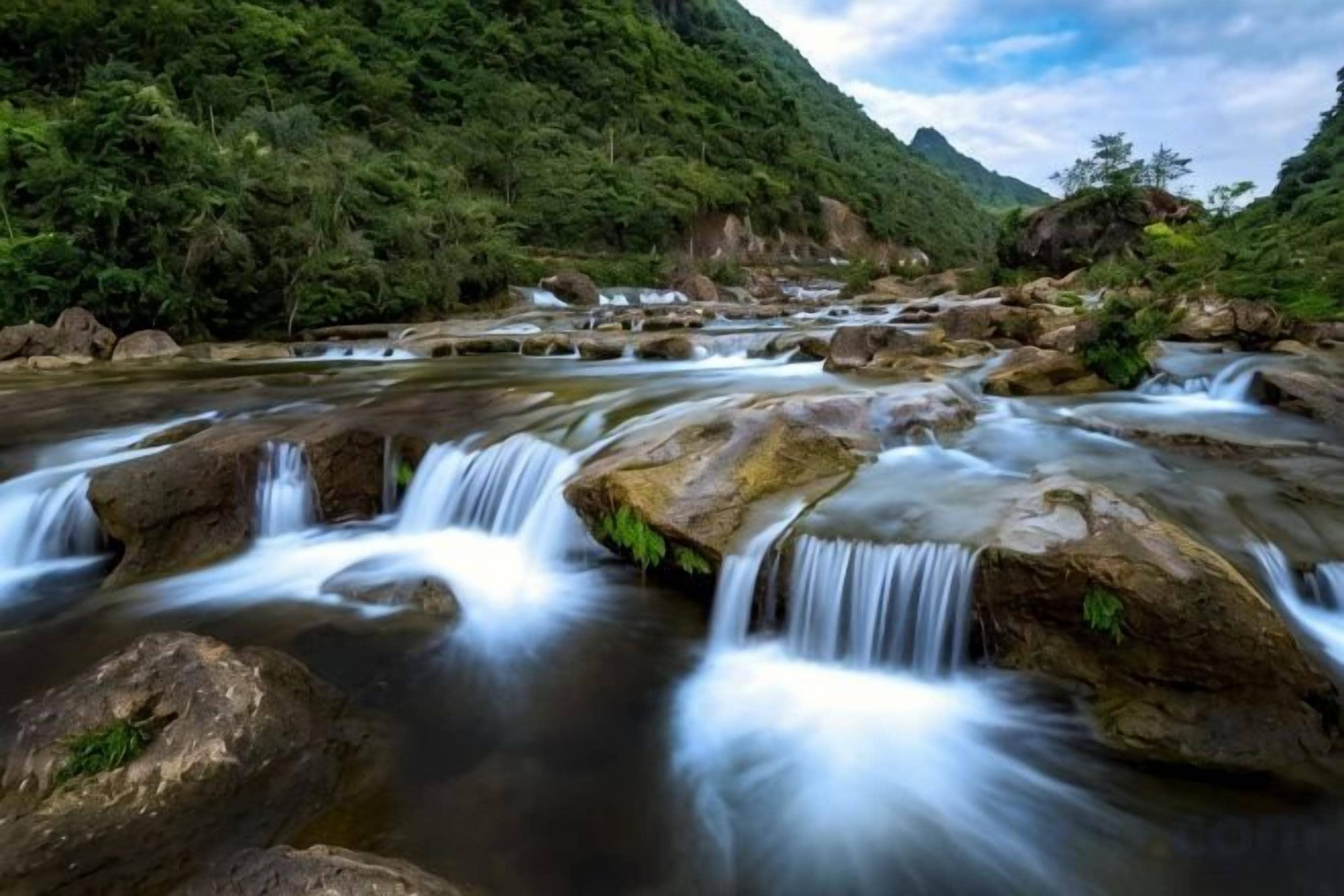 A river flowing over rocks with a forested hillside in the background.