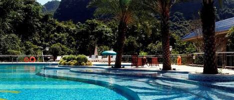 A swimming pool with a curved edge, surrounded by palm trees and a mountainous backdrop.
