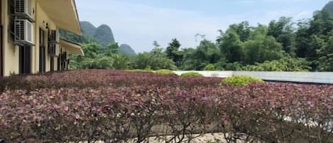 Un edificio con varias unidades de aire acondicionado, un jardín ajardinado con diversas plantas y vistas a un paisaje montañoso.