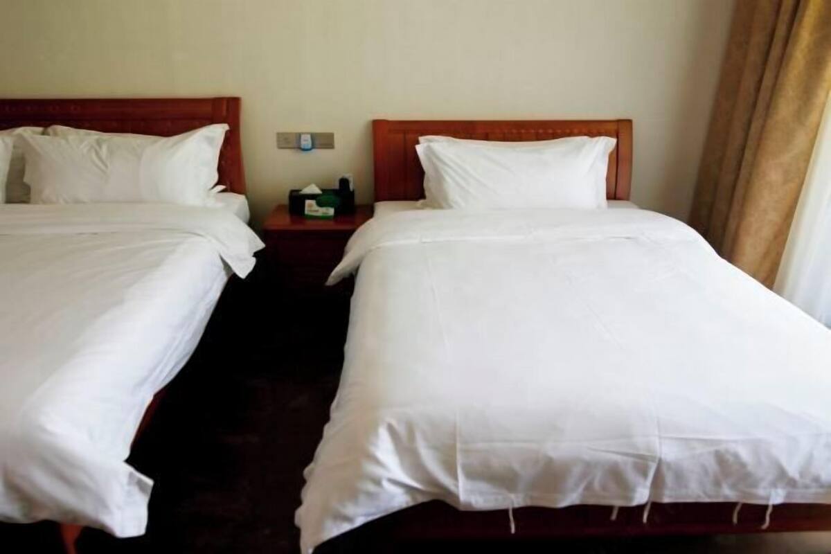 A hotel room with two single beds, wooden headboards, white bedding, a nightstand with a bottle and tissues, and a wall-mounted light switch.