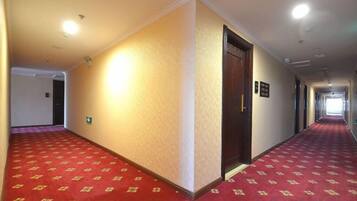 A hotel corridor with carpeted flooring, a wooden door, and a light fixture on the ceiling.