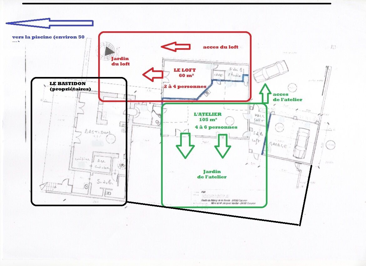 Een plattegrond met een vide, een keuken, een eetgedeelte en een werkplaats. De vide is 60 m² en geschikt voor 2-4 personen. De werkplaats is 105 m² en geschikt voor 4-6 personen. Er is een tuin bij zowel de vide als de werkplaats.