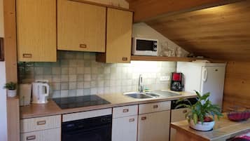 Frigorífico, microondas, horno y placa de cocina