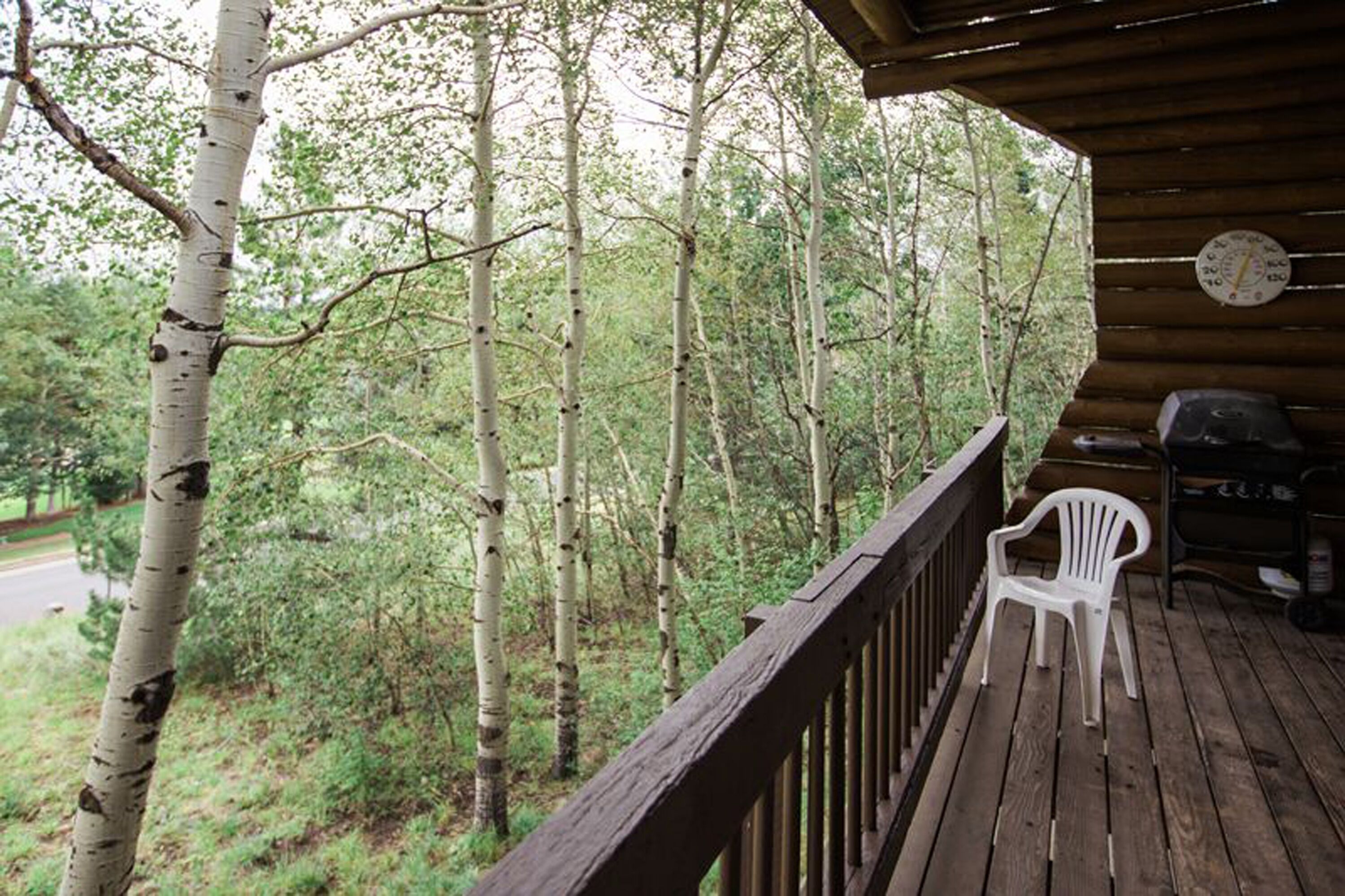 Eine Holzterrasse mit einem weißen Plastikstuhl, umgeben von Birken und einem Hollerzaun.