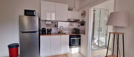 Fridge, microwave, oven, coffee/tea maker