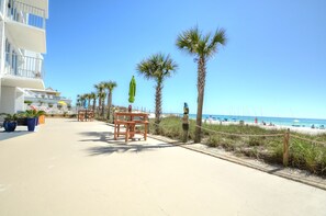 A beachfront hotel with a sandy walkway, palm trees, and beach umbrellas.