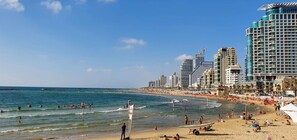 A beach with people swimming and sunbathing, a pier, and tall buildings in the background. - Ben Yehuda Nuage in Tel Aviv-yafo (Tel Aviv)