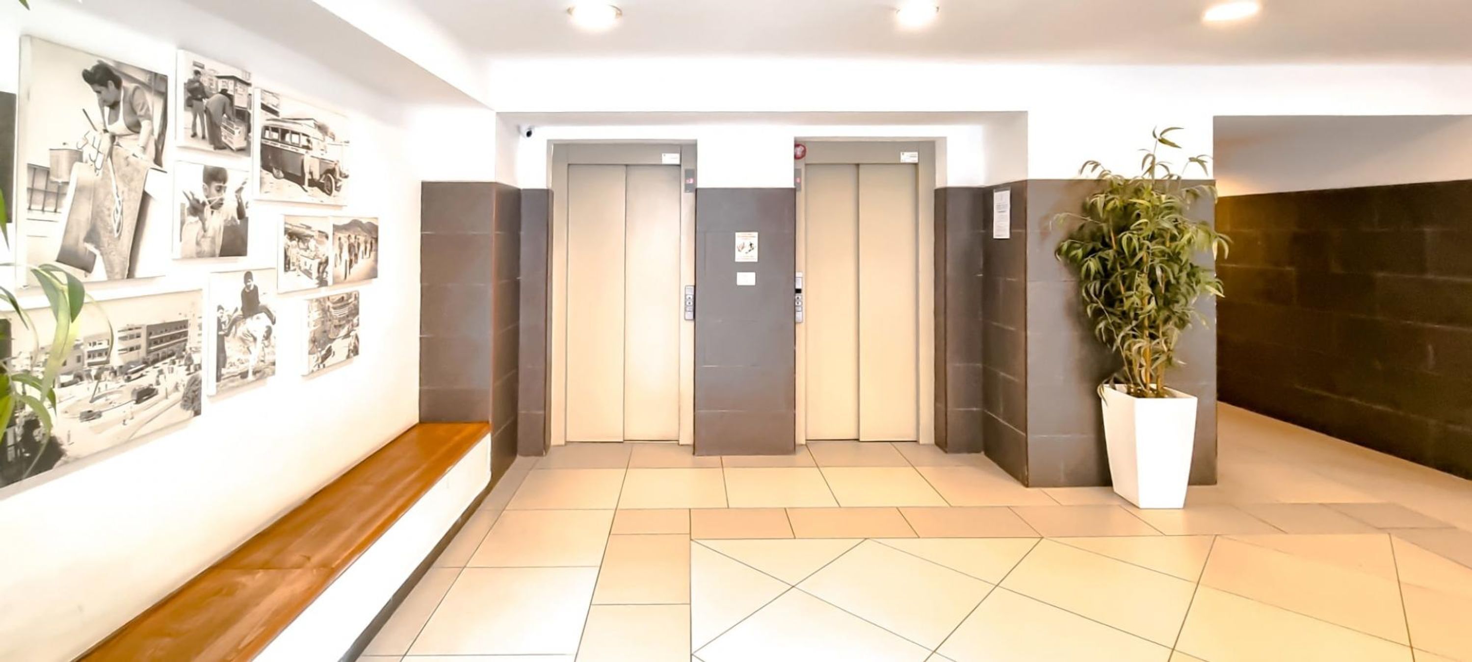 A lobby with a bench, two elevators, and a wall with vintage photographs.