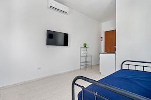 Quarto com cama, televisão fixada na parede, uma prateleira pequena com uma planta e uma porta.