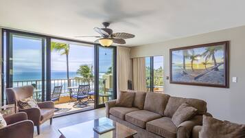 Condo, Multiple Beds, Lanai, Beach View | Living area | 42-inch TV with cable channels