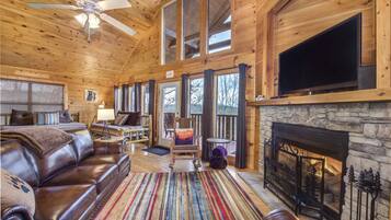 Cabin, 1 King Bed with Sofa bed, Hot Tub, Mountain View (Only Dreamin') | Living area | 42-inch flat-screen TV with cable channels, fireplace