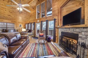 Cabin, 1 King Bed with Sofa bed, Hot Tub, Mountain View (Only Dreamin') | Living area | 42-inch flat-screen TV with cable channels, fireplace