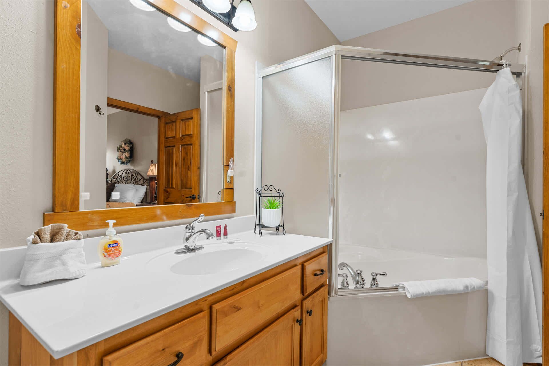 A bathroom with a white sink, wooden vanity, a large mirror, a shower with a glass door, and a small potted plant on the vanity.