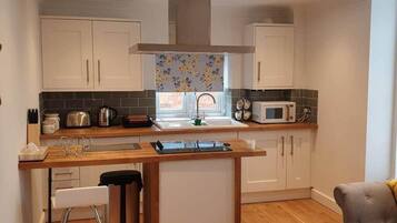 Apartment, 1 Queen Bed | Private kitchen | Fridge, microwave, oven, stovetop