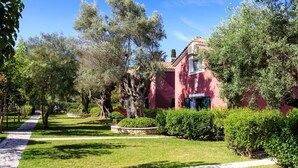 A pathway leading to a building with a red facade, surrounded by lush greenery and trees.