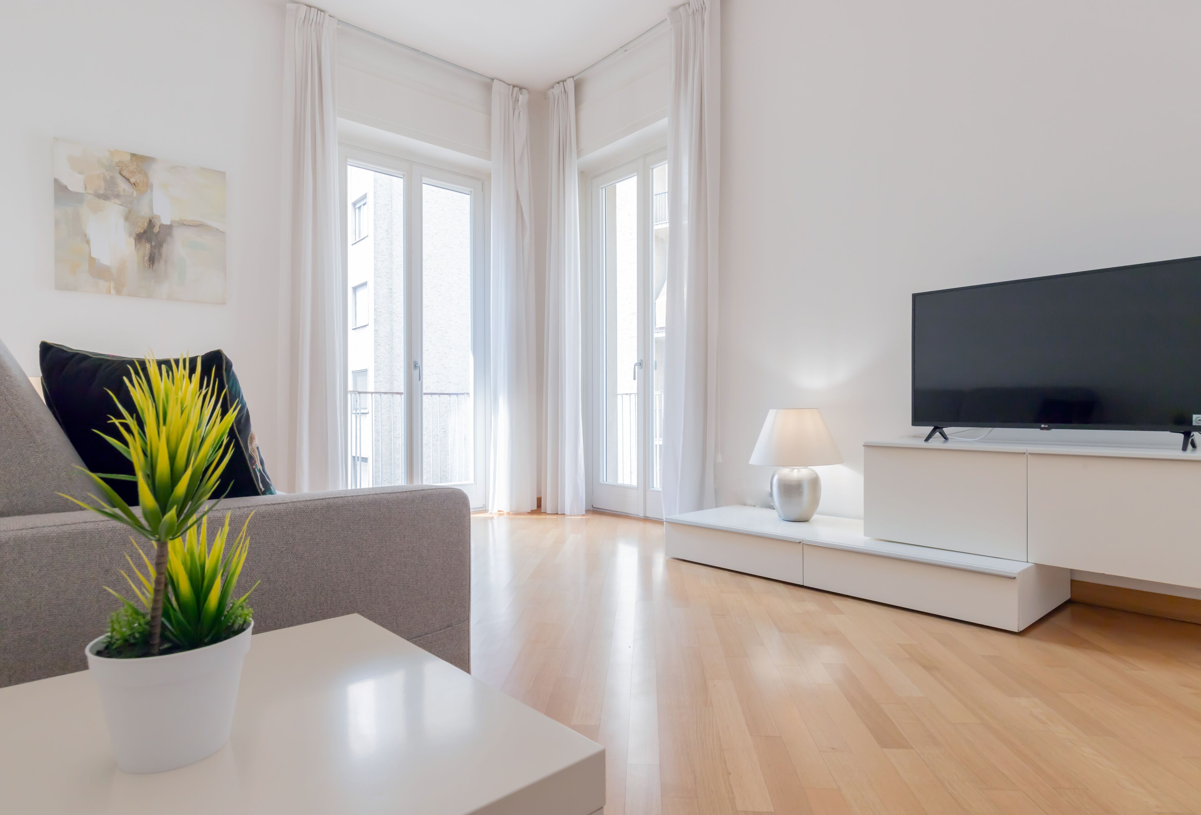 Una sala de estar moderna con un televisor de pantalla plana, un sofá, una mesita de centro y una planta en maceta.